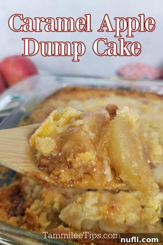 A wooden spoon scooping a generous portion of warm Caramel Apple Dump Cake from a glass baking dish, highlighting the gooey caramel and tender apples beneath a golden cake topping.