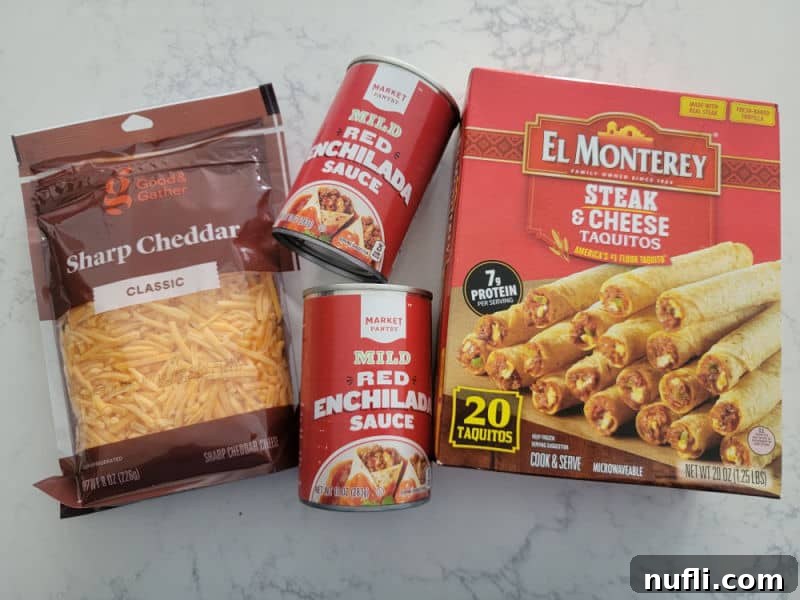 Taquito Enchilada ingredients, shredded cheese, enchilada sauce, and frozen taquitos