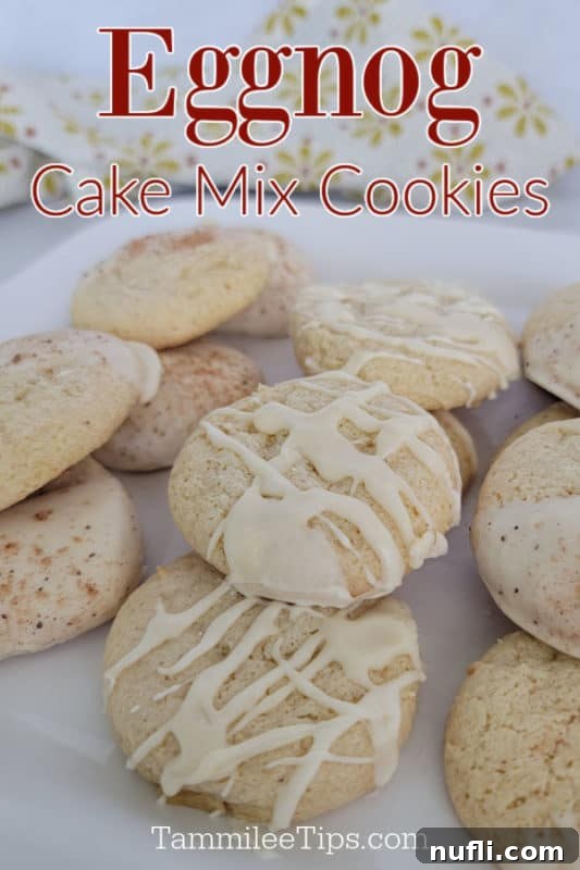 Eggnog Cake Mix Cookies text printed over a white plate filled with eggnog cookies