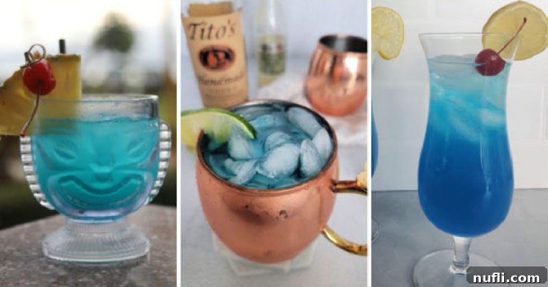 Three blue curacao cocktails in a collage