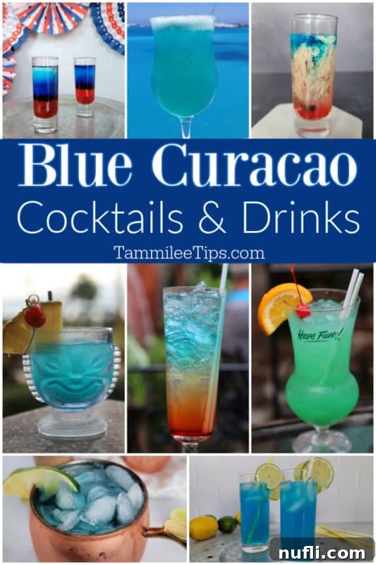 Blue Curacao Cocktails and Drinks text over a collage of blue curacao drinks