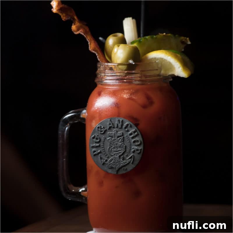 bloody mary cocktail in a large mason jar glass garnished with bacon, olives, and lemon