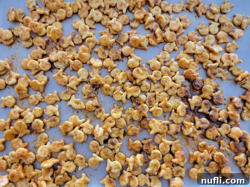 Old Bay Goldfish spread on a baking sheet