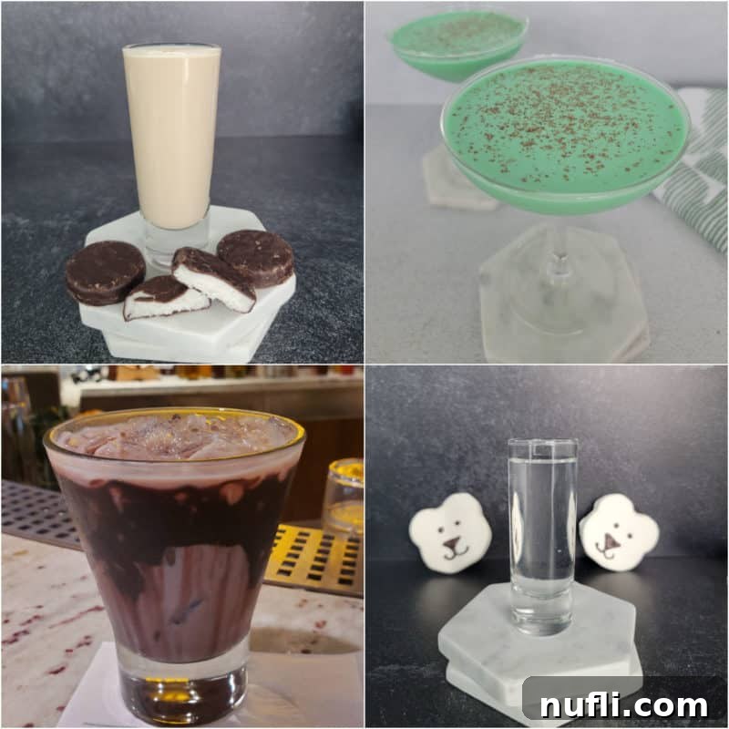 Collage of various Creme de Cacao Cocktails showcasing different colors and garnishes