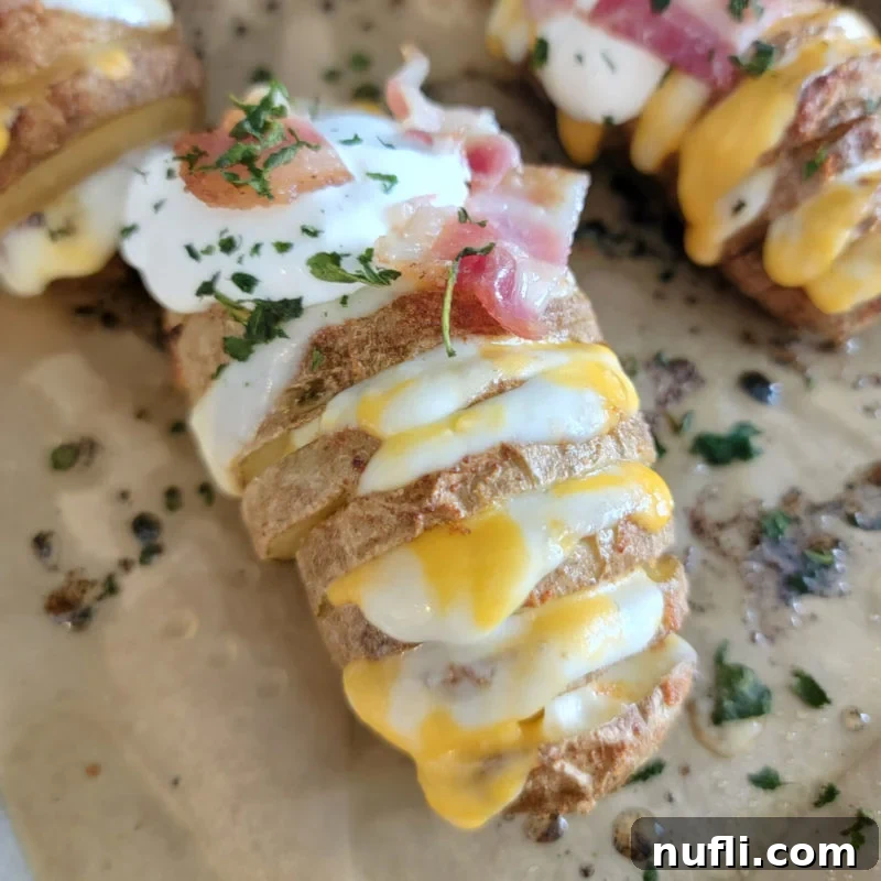A beautifully sliced Hasselback Potato resting on parchment paper, ready to be served.