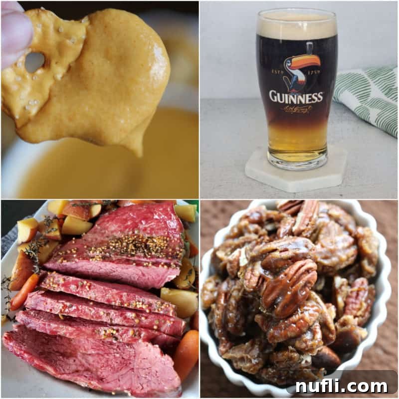 Collage of Guinness Recipes, beer cheese dip, cocktail, corned beef, and glazed pecans