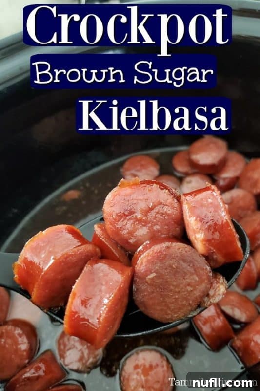 Crockpot Brown Sugar Kielbasa text over a slow cooker with kielbasa slices