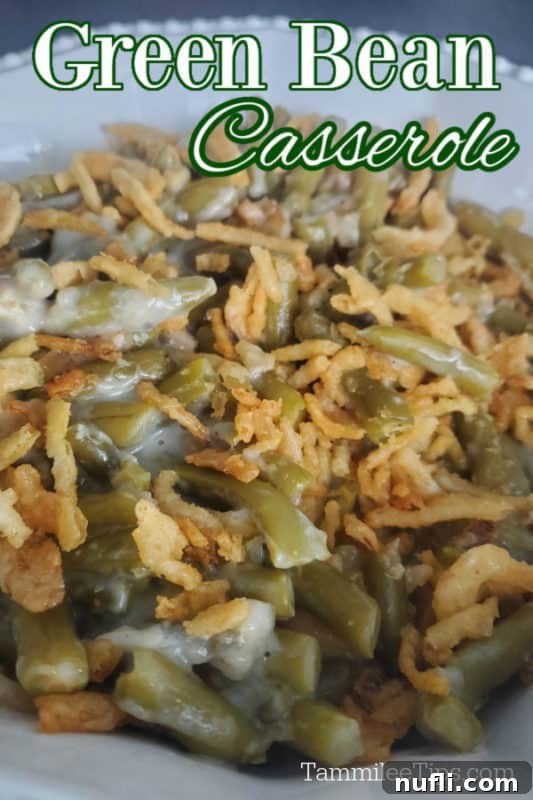 Green Bean Casserole text over a bowl of Campbells Green Bean Casserole with fried onions