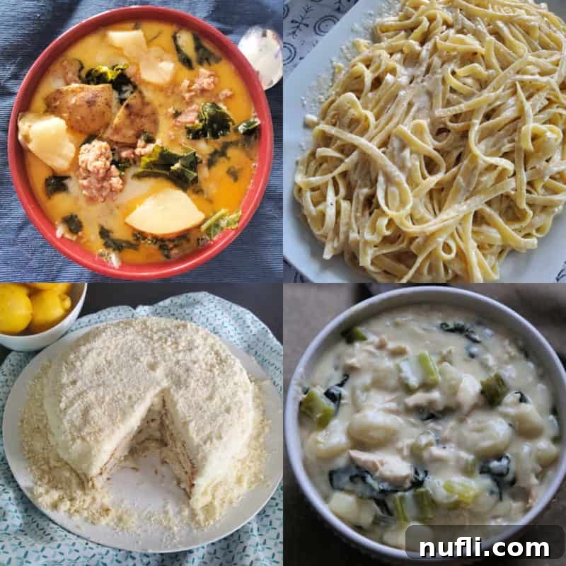 Olive Garden's Best, Made Easy at Home 2 A collage of homemade Olive Garden recipes featuring Zuppa Toscana soup, creamy Alfredo sauce, and a slice of lemon cream cake