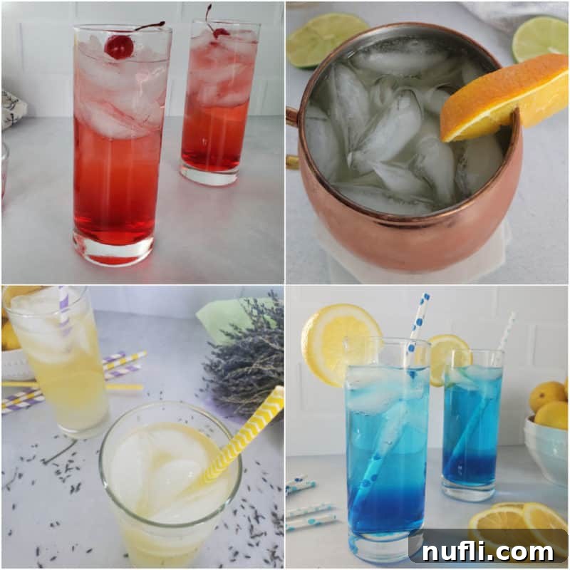 Collage of four spring cocktails including an orange mule, lavender lemonade, dirty shirley and blue sex in the driveway