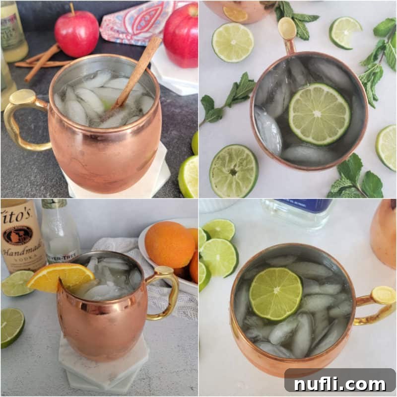 Collage of Mule Cocktail Recipes showcasing various Moscow Mule variations in copper mugs