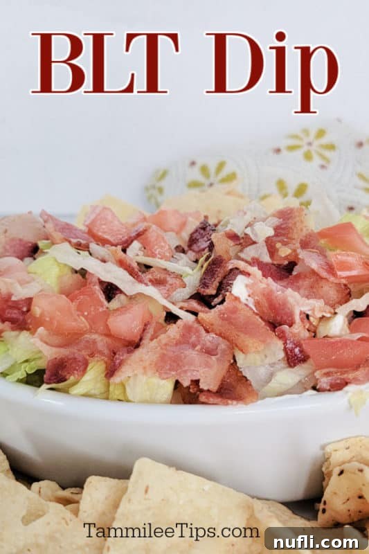 BLT Dip text over a white bowl with bacon, lettuce, tomato dip