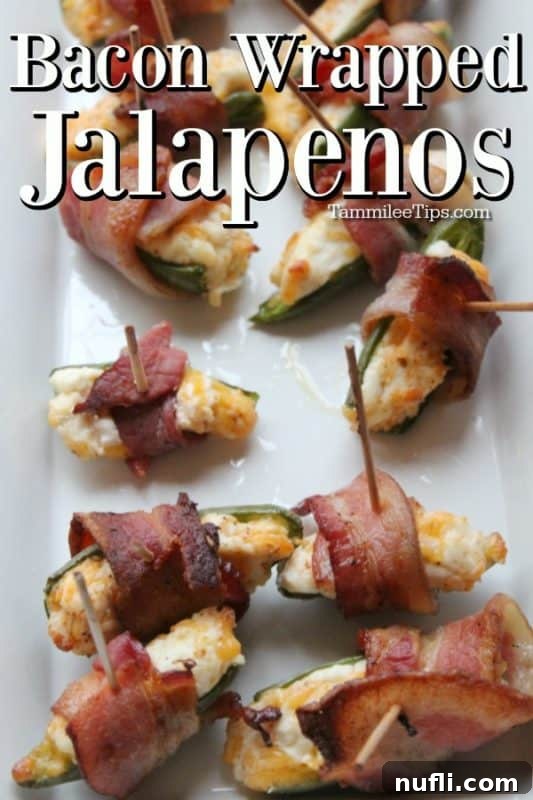 bacon wrapped jalapenos text over a platter of bacon wrapped jalapenos