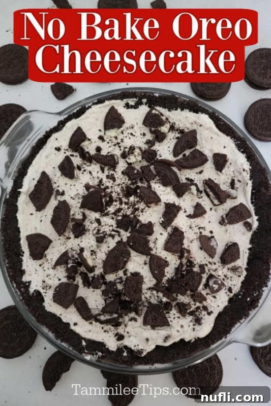 No Bake Oreo Cheesecake text over a oreo cheesecake surrounded by oreo crumbs
