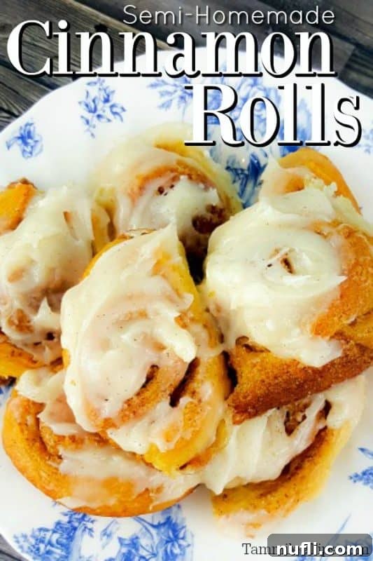 Semi Homemade Cinnamon Rolls text over a plate of cinnamon rolls