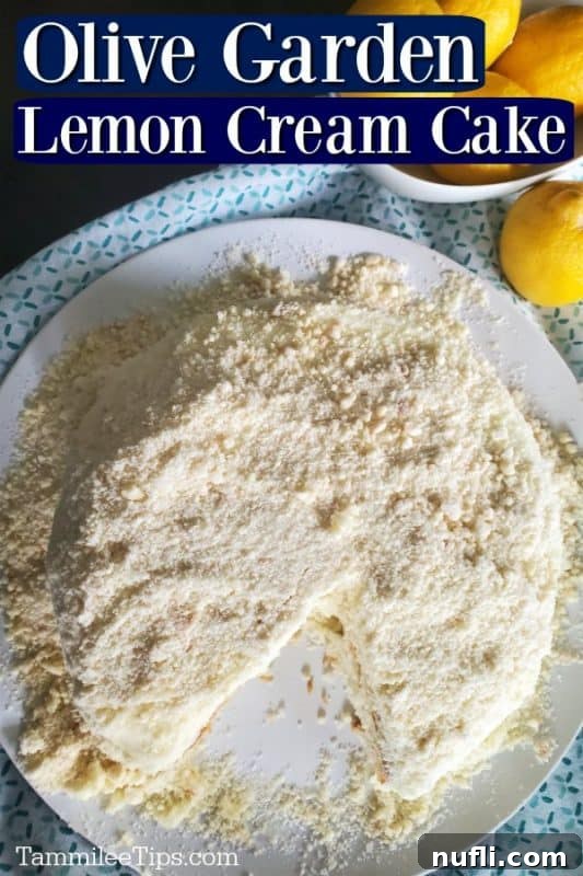 Olive Garden Lemon Cream Cake text over a plate with cake and lemons