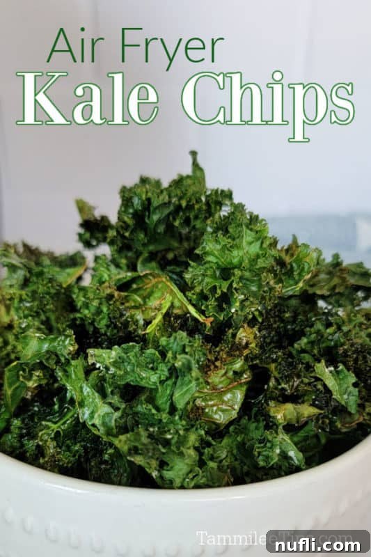 30 Simple Flavorful Vegetarian Air Fryer Dishes 10 Air Fryer Kale chips over a white bowl filled with air fried kale chips