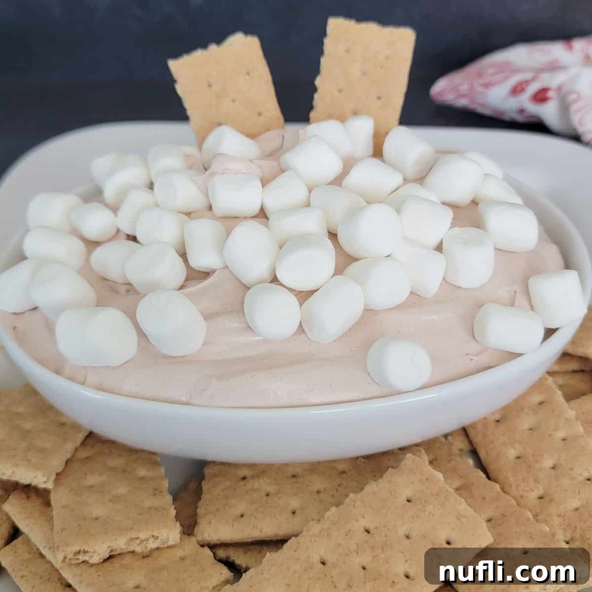 hot chocolate dip in a white bowl topped with mini marshmallows surrounded by graham crackers