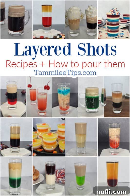 Layered Shots recipes and how to pour them text in a collage of layered shots
