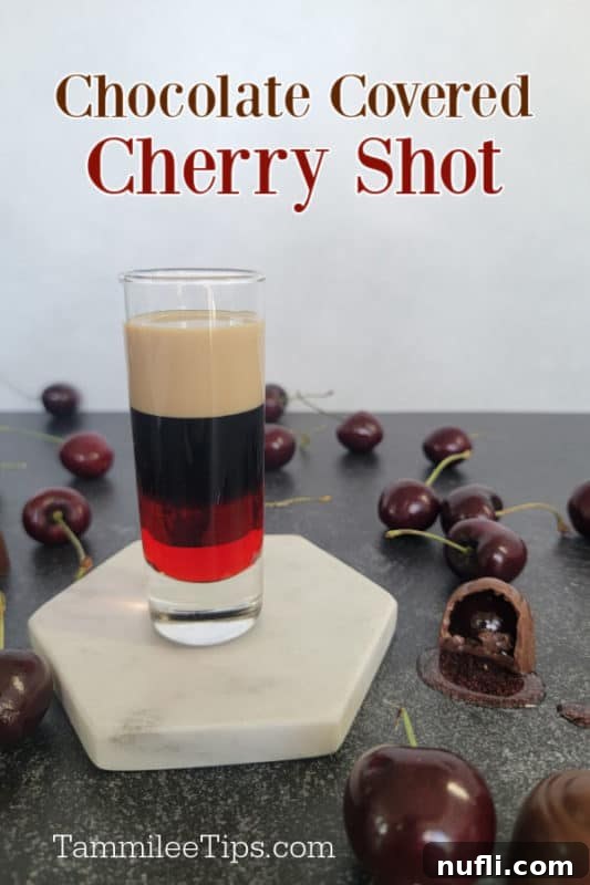 Chocolate covered cherry shot text over a layered shot surrounded by chocolate covered cherries