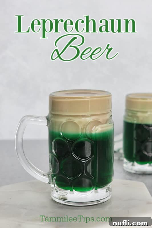 Leprechaun Beer text over a green layered shot in a mini beer glass