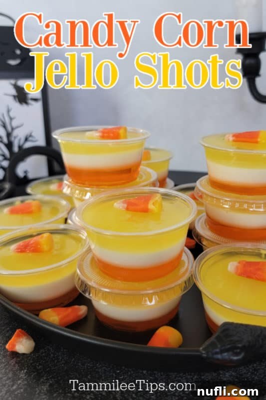 Candy Corn Jello Shots text over a tray of layered jello shots