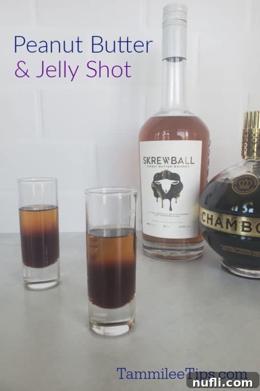 Peanut Butter and Jelly Shot text over two PB&J shots and a bottle of skrewball peanut butter whiskey