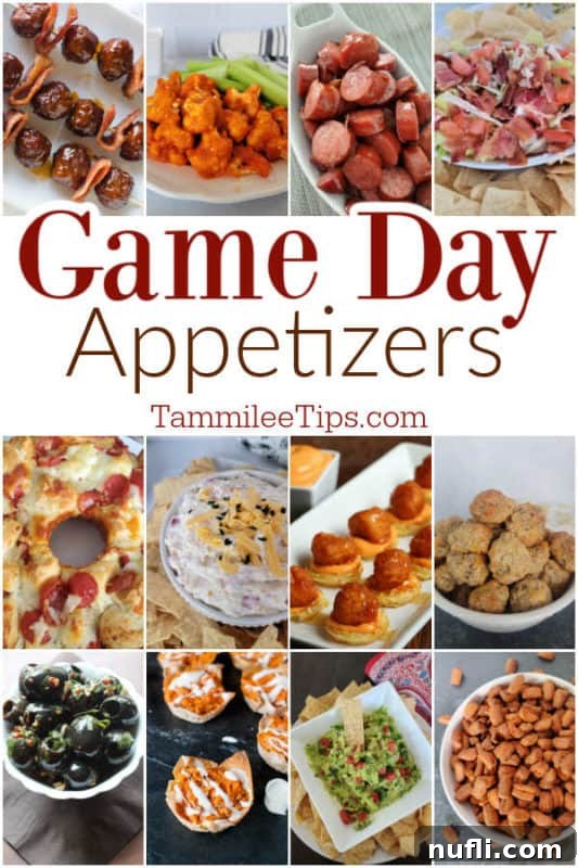 Score Big with These Game Day Appetizers 2 Game Day Appetizers text in the middle of a collage of meatballs, kielbasa, dips, and other appetizers