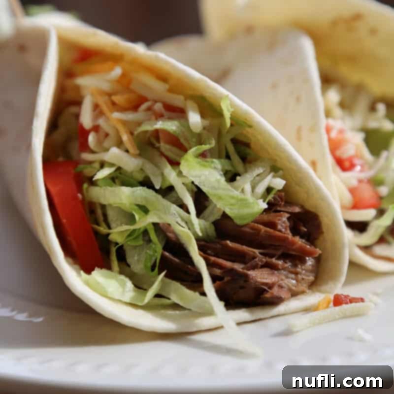 Shredded chipotle beef in a tortilla with shredded lettuce and tomato