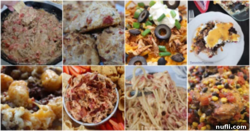 Collage of Rotel Recipes with dip, spaghetti, chicken, bread, and more