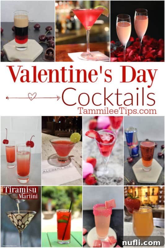A vibrant collage of red and pink cocktails, adorned with 'Valentine's Day Cocktails' text, hinting at festive celebrations.