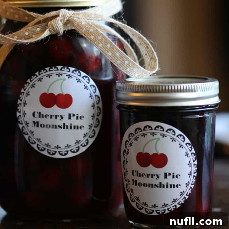 Mason Jars adorned with a 'Cherry Pie Moonshine' sticker, showcasing homemade liquor.