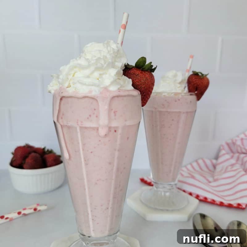 A delectable Strawberry Milkshake, garnished with a generous swirl of whipped cream, a fresh strawberry, and a charming paper straw.