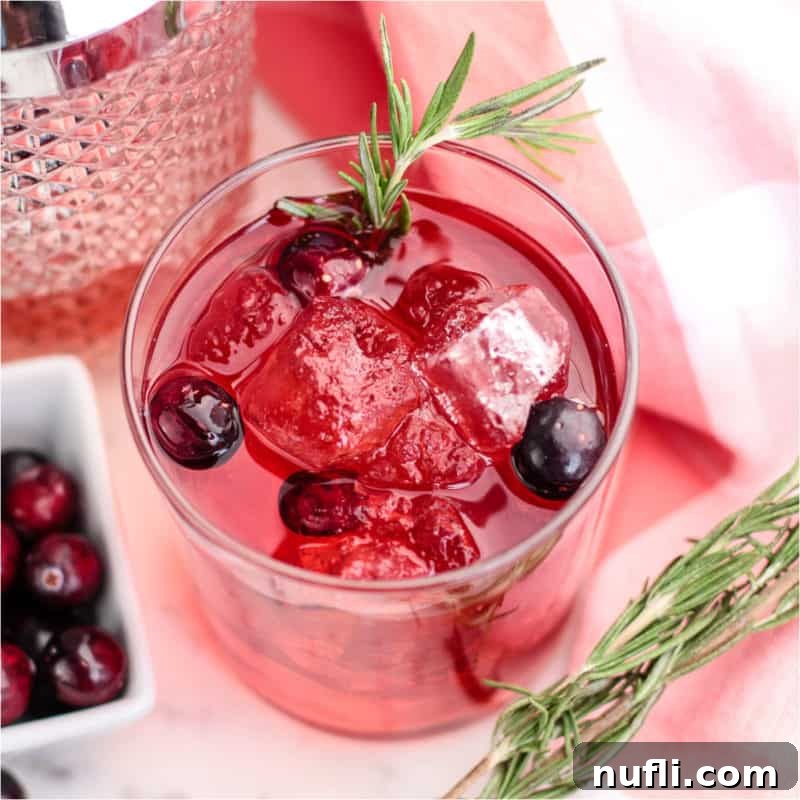 A ruby-red Spiced Cranberry Cocktail, garnished with fresh cranberries and a sprig of rosemary, nestled beside a bowl of cranberries and a glass cocktail shaker.