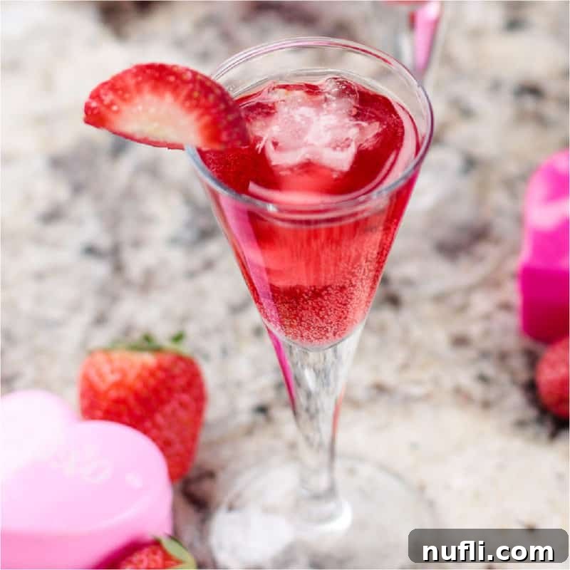 A sparkling red Strawberry Champagne Cocktail, beautifully garnished with a fresh strawberry, surrounded by whimsical pink hearts and additional strawberries.