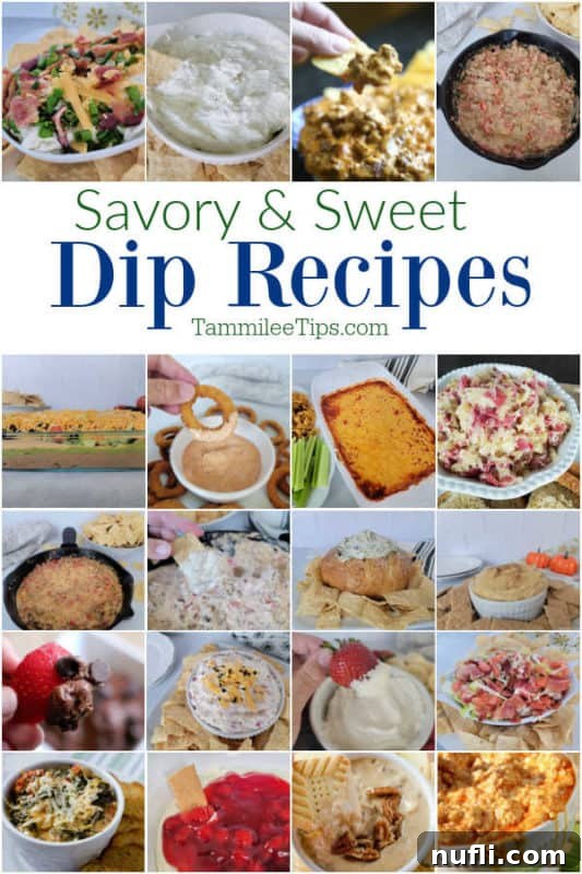 A vibrant collage showcasing various easy savory and sweet dip recipes, with 'Savory & Sweet Dip Recipes' text overlay