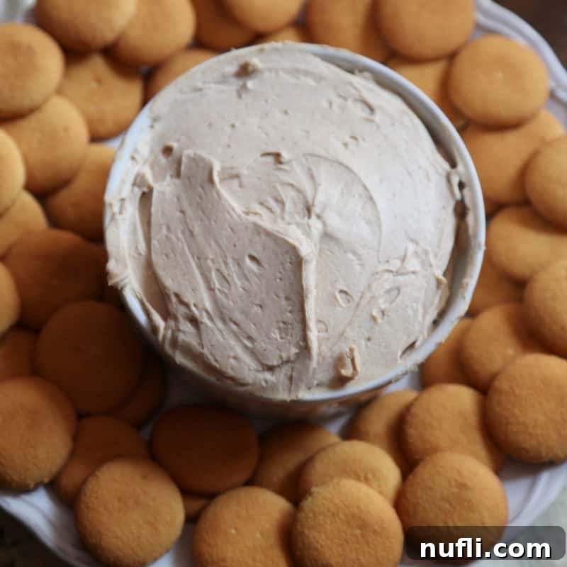 Rich Pumpkin Cheesecake Dip in a white bowl, gracefully encircled by crispy Nilla Wafers, ready for dipping