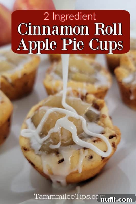 2-Ingredient Cinnamon Roll Apple Pie Bites 2 Two Ingredient Cinnamon Roll Apple Pie Cups with luscious icing pouring over a warm apple-filled cinnamon roll cup.