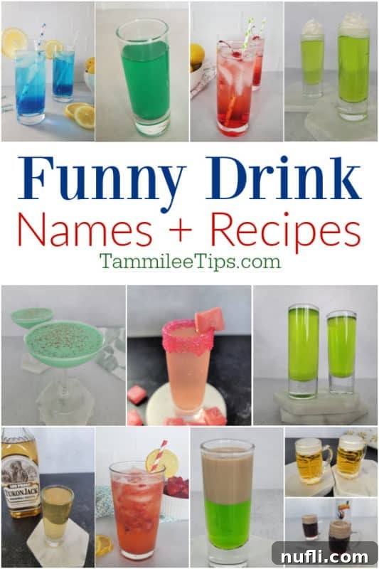 Collage of funny drink names cocktails and mocktails, showcasing various colorful drinks