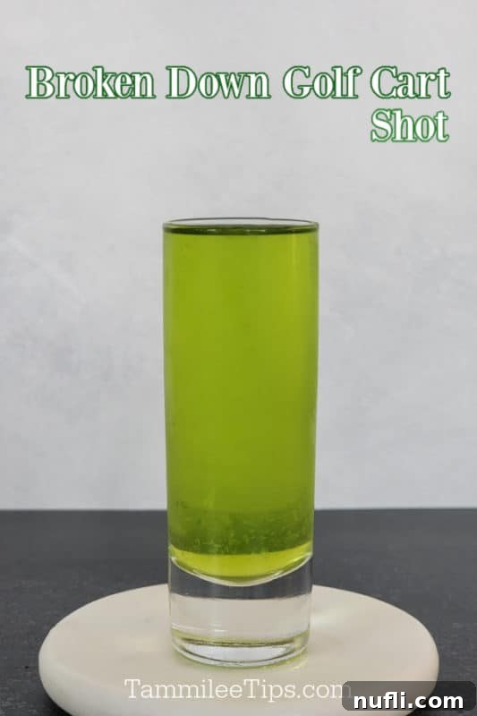 Broken Down Golf Cart Shot text above a green cocktail shot
