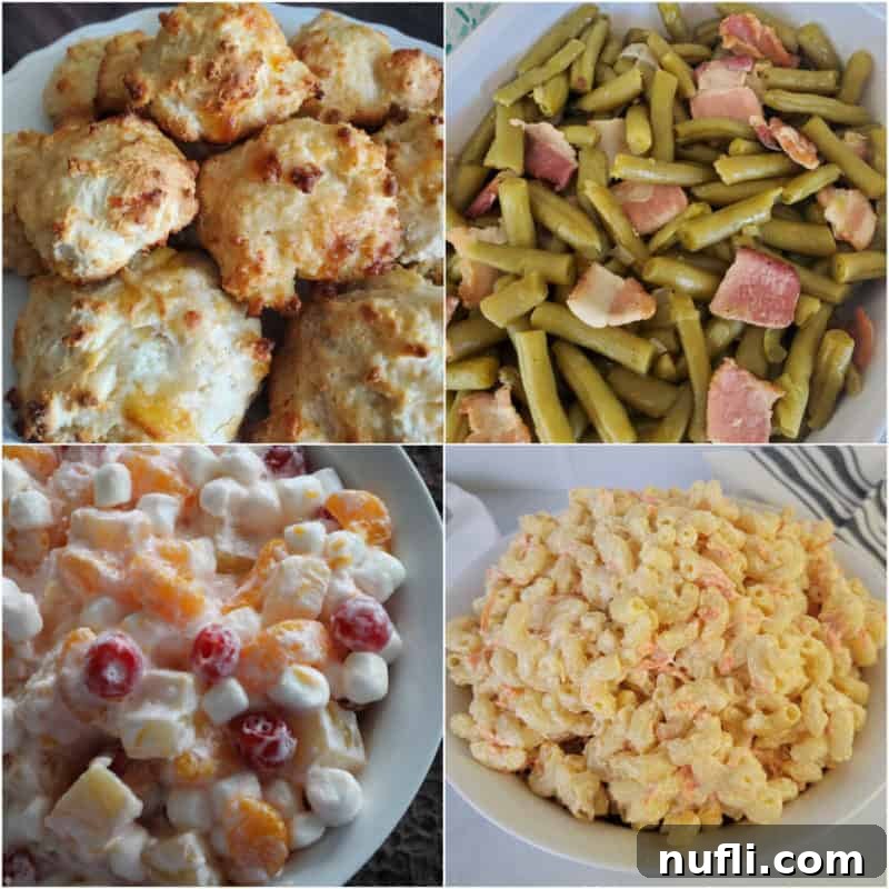A vibrant collage of delectable pulled pork side dishes, including cheesy biscuits, savory green beans with bacon, a refreshing fruit salad, and a creamy Hawaiian Mac Salad, perfectly illustrating a complete meal.