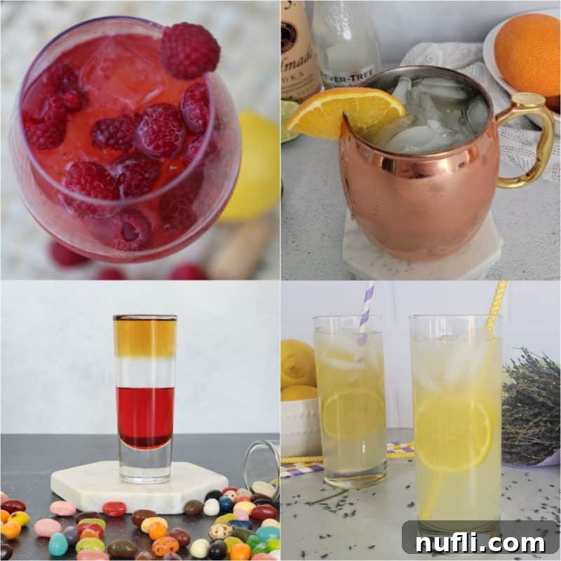 A vibrant collage of festive Easter cocktails, featuring a sparkling champagne flute, a refreshing orange Moscow Mule in a copper mug, a colorful jelly bean shot, and a soothing lavender lemonade, all perfect for spring celebrations.