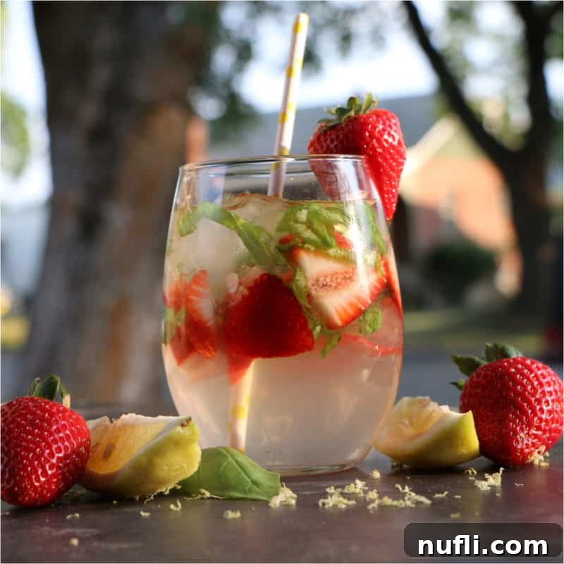 A vibrant Strawberry Basil Lemonade Cocktail featuring fresh strawberries and fragrant basil, served with a playful paper straw, arranged beside additional strawberries and a zesty lemon wedge.