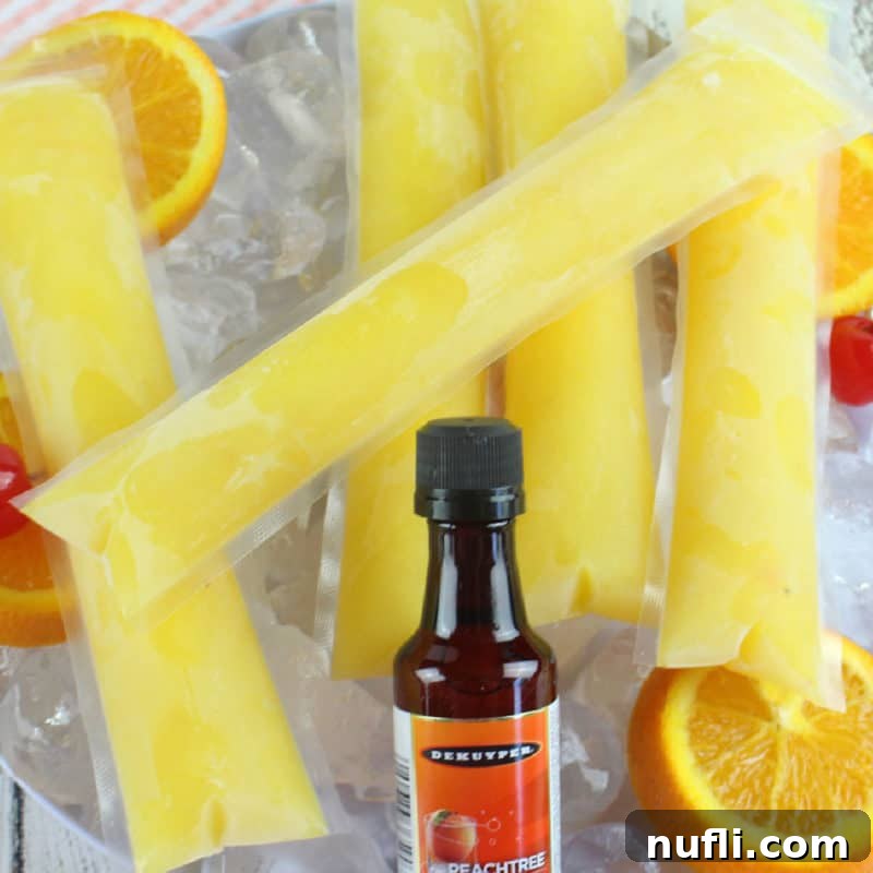 Vibrant Fuzzy Navel Boozy Popsicles arranged on a bed of crushed ice, surrounded by fresh orange slices, creating a refreshing and playful display.
