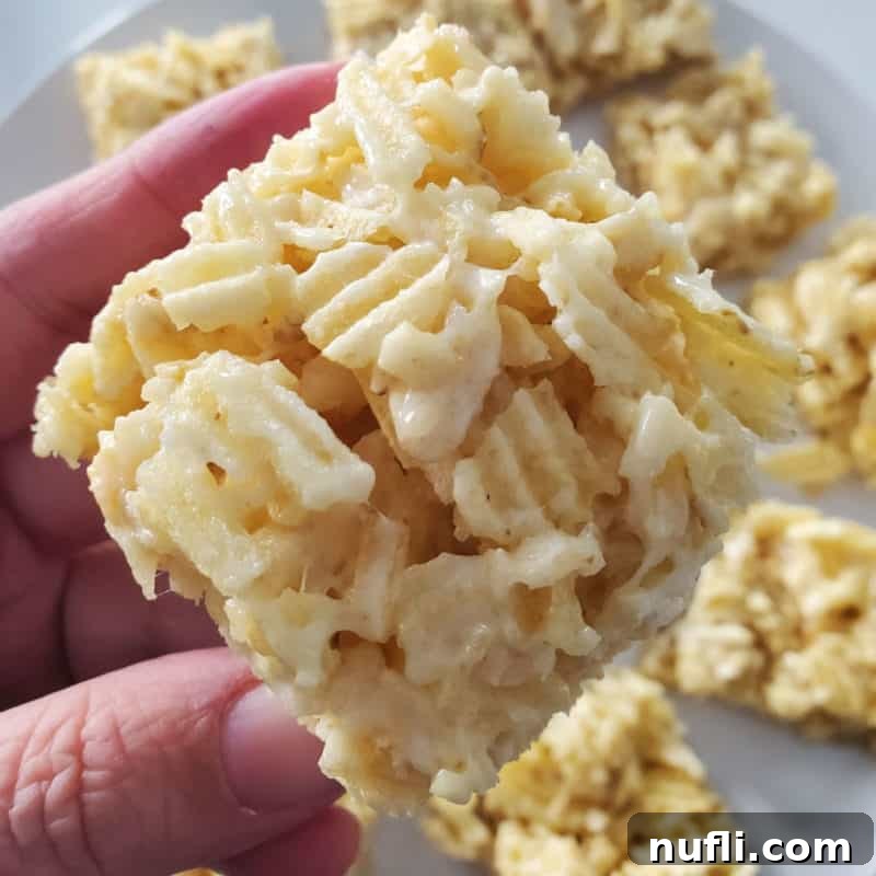 Ruffles marshmallow treat square being held