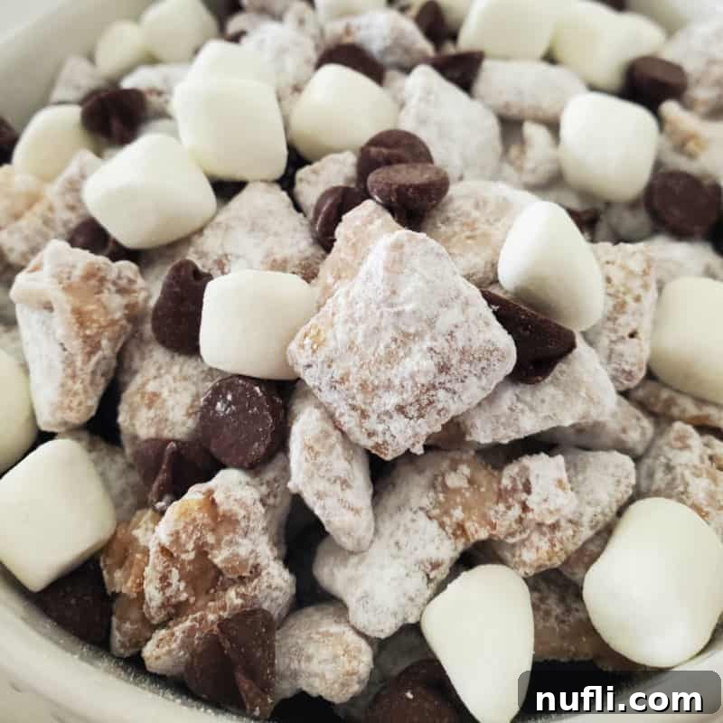 Hot chocolate muddy buddies piled in a white bowl with mini marshmallows and chocolate chips