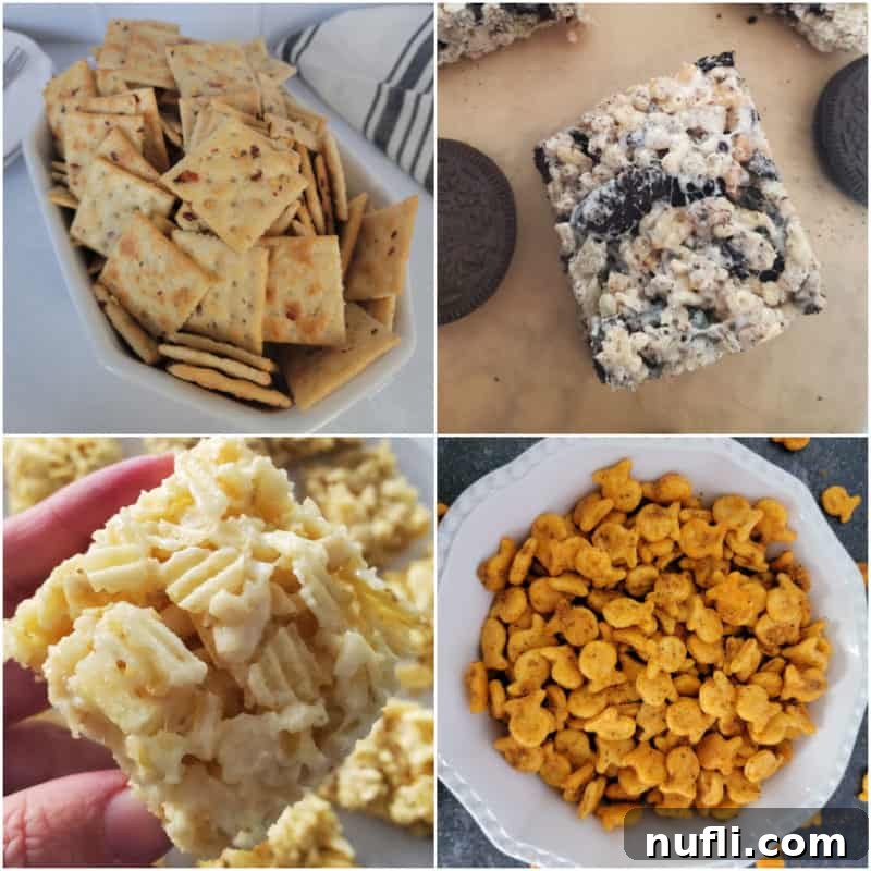 Collage of Road Trip Snacks including alabama fire crackers, oreo krispie treats, ruffles treats, and old bay goldfish