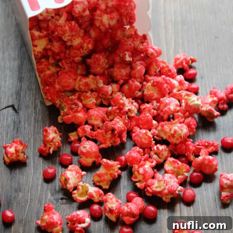 Red Hot Popcorn pouring out of a popcorn container