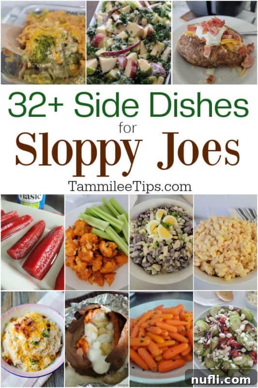 Selection of easy side dishes perfect for a Sloppy Joe dinner, including fries, pickles, and coleslaw