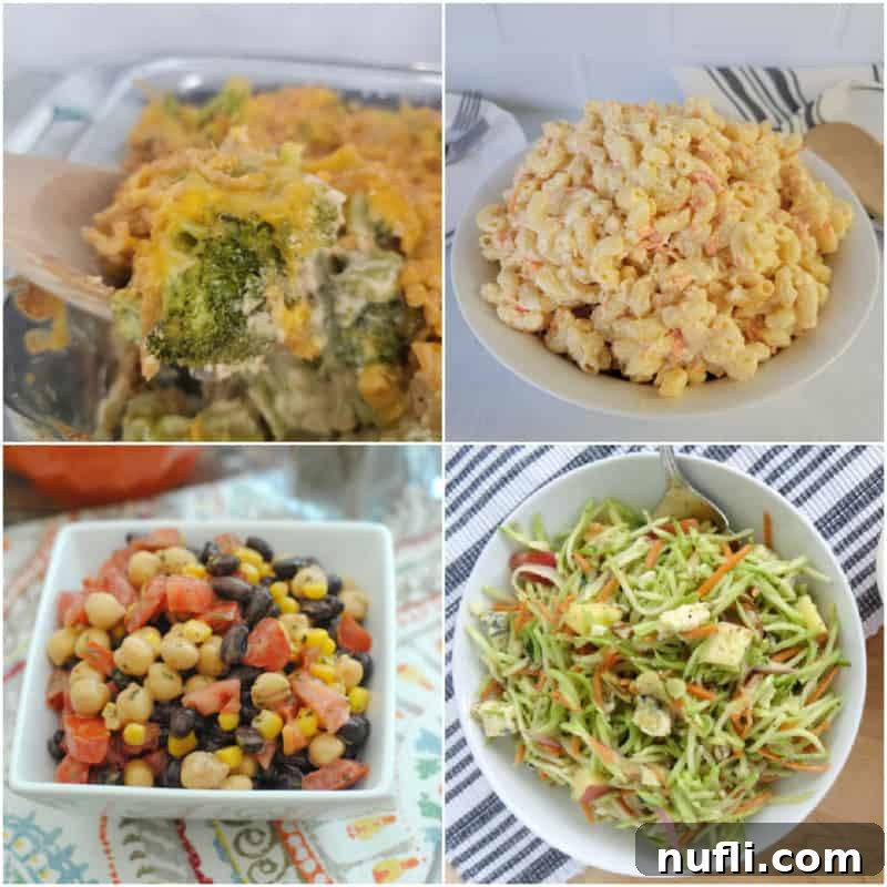 Collage of diverse Sloppy Joe sides including broccoli casserole, Hawaiian mac salad, black bean corn salad, and broccoli slaw